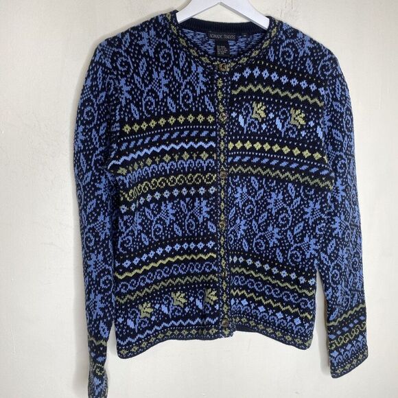 Nomadic Traders Blue & Green Cotton Knit Sweater Cardigan Size Medium - Picture 1 of 11